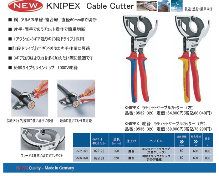 在庫一掃】 KNIPEX クニペックス 整備用品 ニッパー 9532-320 ラチェットケーブルカッター